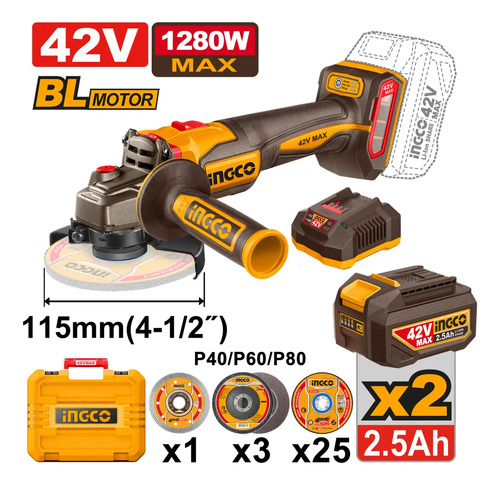 Amoladora Angular A Bateria 2 Bat 2.5ah + Cargador Ingco Amarillo 50hz/60hz - Imagen 2