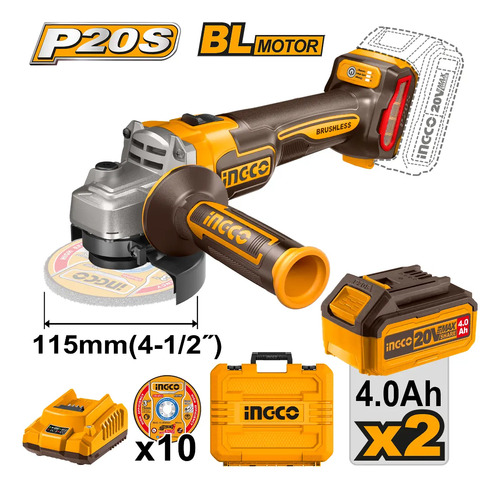 Amoladora Ingco + 2 BaterĂas 4ah + Cargador Y 10 Discos Color Naranja claro Frecuencia 50HZ-60HZ - Imagen 2