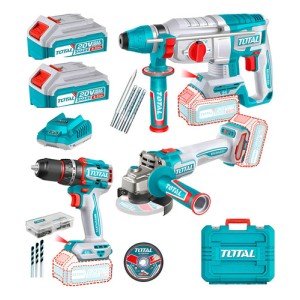 Kit Inalámbrico Total 20v Sin Carbones: Atornillador Percutor 66nm + Amoladora 4.1/2'' + Rotomartillo 2.5 J - Con 2 Baterías 4.0ah Litio-ion, Cargador, Maletín Y Accesorios - Tosli241198