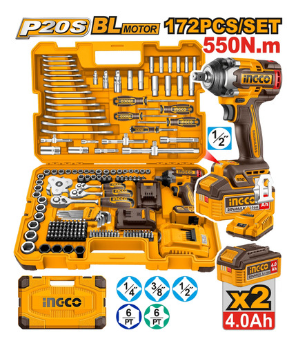 Set 172 Herramientas Combinadas Llave Impacto Bateria Ingco - Imagen 2