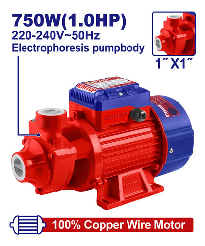 Bomba De Agua Periférica 1hp 750w Emtop Hierro Fundido Bronce Rojo 50 Hz /60 Hz Monofásica - Imagen 2