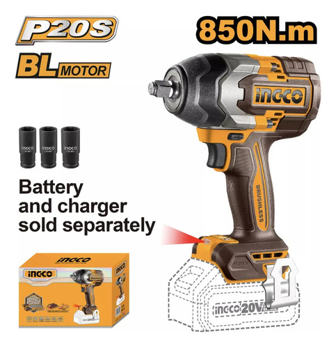 Llave De Impacto 850nm Sin Bateria Ingco Ciwli20851 Color Amarillo Frecuencia 50hz 60hz - Imagen 2
