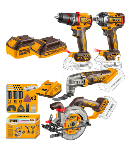 Kit Herramientas Inalambrica Ingco 20v Baterías Cosli241169