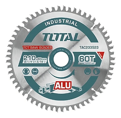 Disco Corte Aluminio Total Para Ingletadora, 8.1/4'''' 210mm, Eje 30mm Con Anillo Reductor, 60 Dientes - Tac233523 Plateado
