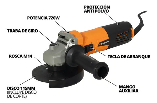 Mini Amoladora Angular Lusqtoff 720w Electrica 115mm 4.1/2 Color Naranja Frecuencia 50Hz - Imagen 5