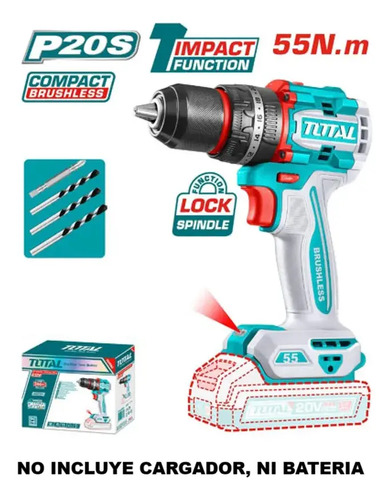 Taladro Percutor Y Atornillador Inalámbrico Total 20v, Industrial, Motor Sin Carbones - Mandril 13mm, 55nm - Con Mechas Y Punta - No Incluye BaterĂa Ni Cargador - Tidli205581 Turquesa - Imagen 2