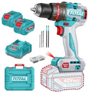 Taladro Percutor Y Atornillador Inalámbrico Total 42v, Industrial, Motor Sin Carbones - Mandril 13mm, 69nm - Con 2 Baterías 2.0ah Litio-ion, Cargador, Maletín, Mechas Y Puntas - Tidli426982 Turquesa