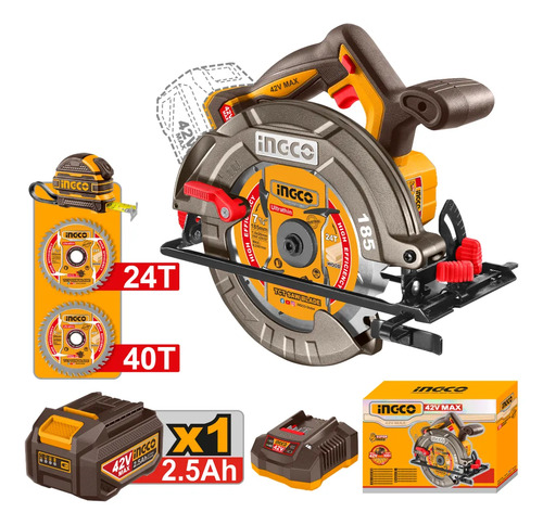 Sierra Circular A BaterĂa 185mm 42v Motor Brushless + BaterĂ Naranja Amarillo - Imagen 2