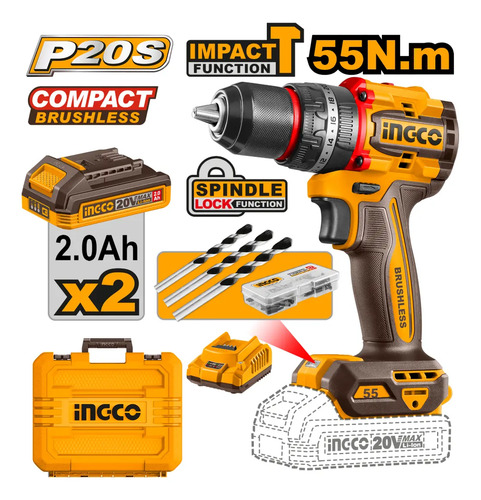 Taladro Atornillador Percutor Ingco Brushless 55nm Compa Color Naranja Frecuencia 50 - Imagen 2