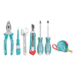 Juego 7 Herramientas Total: Pinza, Destornilladores, Llave, Cinta Métrica, Trincheta Y Tester - Thkthp90076 Turquesa