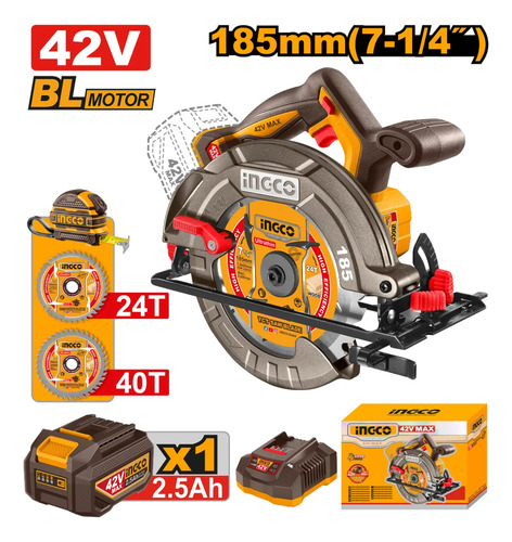 Sierra Circular A BaterĂa 185mm 42v Motor Brushless + BaterĂ Naranja Amarillo - Imagen 3