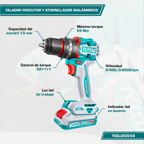 Taladro Percutor Y Atornillador Inalámbrico Total , Industrial, Motor Sin Carbones - Mandril 13mm, 55nm - Con 2 BaterĂas... 50 60hz Turquesa - Imagen 4