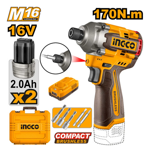 Atornillador De Impacto 16v C/2 Bateria Y Accesorios Ingco - Imagen 3