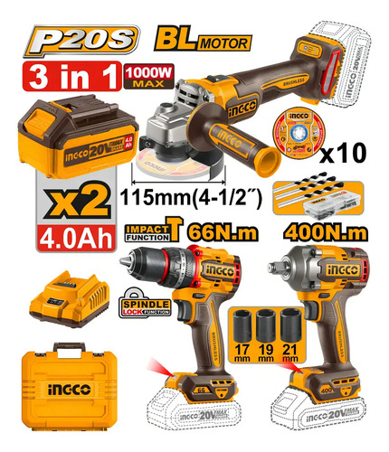 Ingco Cosli241291 Kit Combo Bateria Amoladora Taladro Llave - Imagen 3