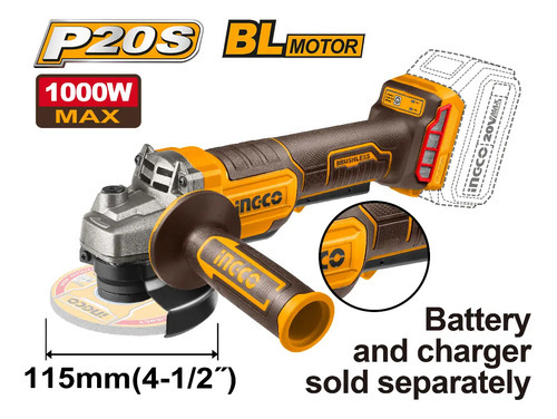 Amoladora A Bateria 20v P20s 4 1/2 Ingco Con Interruptor - Imagen 2