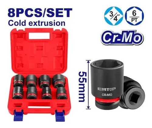 Dados Impacto Encastre 3/4'' Set 8pcs Maletín Emtop Rojo - Imagen 2