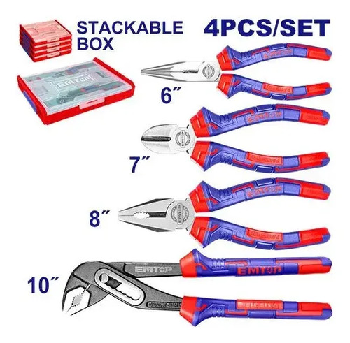 Packx4 Alicate 6'' Pinza7'' Y 8'', Pico Loro10''+ Caja Emtop - Imagen 3