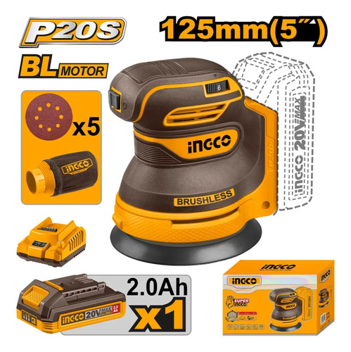 Lijadora Roto Orbital Bateria Ingco 20v 5 Lijas Accesorios - Imagen 3