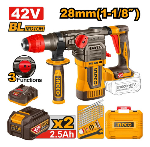 Rotomartillo 42v 28mm 1-1/8 4.5j Acc Ingco Crhli422882 - Imagen 2