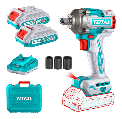Llave, Pistola De Impacto Inalámbrica Total 20v Industrial - Motor Brushless, Sin Carbones, Encastre 1/2'', Torque 405nm - Con 2 Baterías 2.0ah Litio-ion, Cargador, Dados Y Maletín - Tiwli2045 Cian