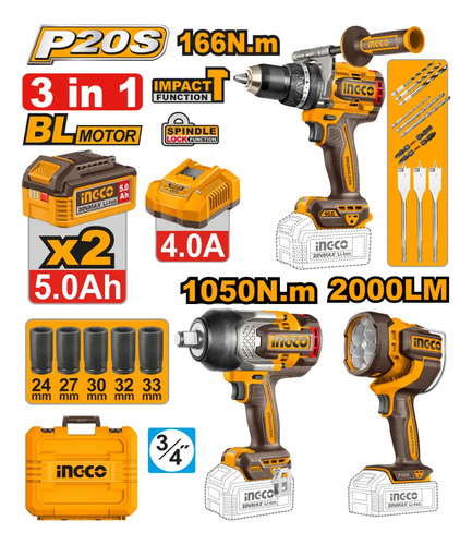 Kit Combo A Bateria 20v Set 3 Herramientas Ingco Cosli250882 - Imagen 2