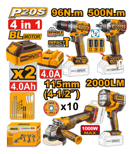 Kit 5 Herramientas A Batería 20v + Accesorios Ingco Ckli2059 - Imagen 2