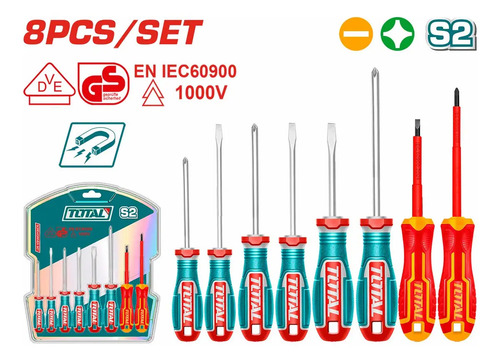 Set, Juego De 8 Destornilladores Total, Imantados - Chatos, Phillips, Aislados - TKSDS0836 - Imagen 4