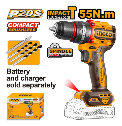 Taladro Percutor Ingco Cidli205581 Brushless 20v 13mm 55nm Naranja Amarillo - Imagen 2
