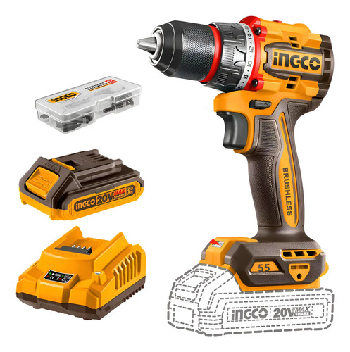 Taladro Atornillador 55nm Incluye Bateria Y Cargador Ingco Color Amarillo