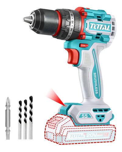 Taladro Percutor Y Atornillador Inalámbrico Total 20v, Industrial, Motor Sin Carbones - Mandril 13mm, 55nm - Con Mechas Y Punta - No Incluye BaterĂa Ni Cargador - Tidli205581 Turquesa