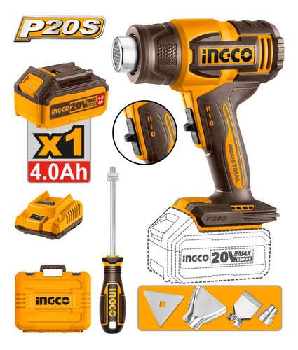 Pistola De Calor 550°c A Bateria 20v 4ah Ingco Hgli20065 - Imagen 2