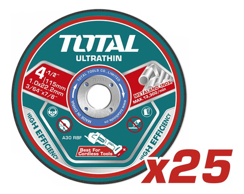 Set 25 Discos Corte Metal Total, Para Amoladora 4.1/2'' 1mm Turquesa - Imagen 2