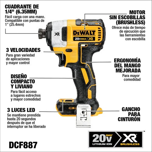 Atornillador De Impacto Dewalt Dcf887m2-b2 1/4 Sin Carbones Color Amarillol - Imagen 4