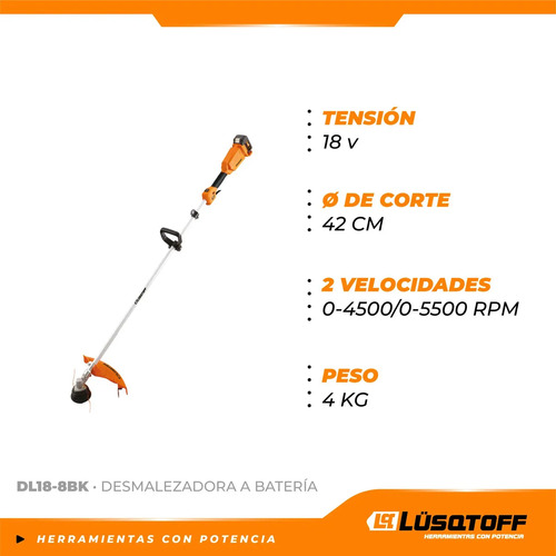 Desmalezadora A BaterĂa Lusqtoff Dl18-8bk 5500rpm Naranja - Imagen 2