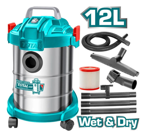 Aspiradora Electrica 800w Tanque 12l Total Tvc14122 Con Ruedas Tacho Inox Verde - Imagen 2