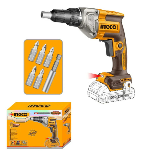 Atornillador Inalámbrico 20v Para Placa De Yeso Durlock Sin BaterĂa Y Cargador Ingco Naranja Claro - Imagen 4