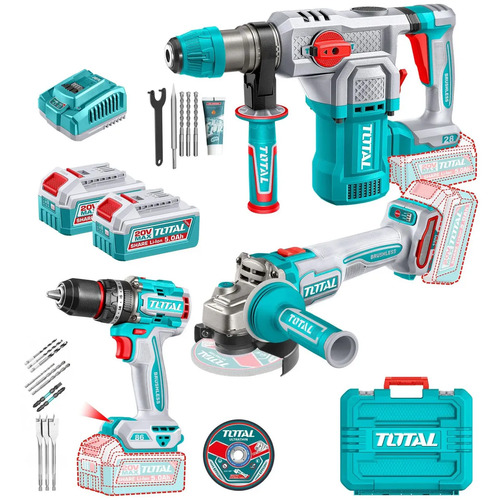 Kit Inalámbrico Total 20v Sin Carbones: Atornillador Percutor 86nm + Amoladora 4.1/2'' + Rotomartillo 4.5 J - Con 2 Baterías 5.0ah Litio-ion, Cargador 4a, Maletín Y Accesorios - Tosli251195