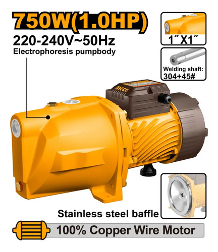 Bomba Jet Agua 750w Autocebante 55l/min Ingco Jp075068 - Imagen 2