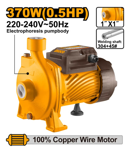 Bomba Centrifuga Ingco 370w 0.5hp Caudal 90 L/min 22m 8mt Cpm37068 Naranja Claro 50/60