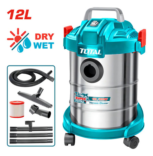 Aspiradora Electrica 800w Tanque 12l Total Tvc14122 Con Ruedas Tacho Inox Verde - Imagen 3