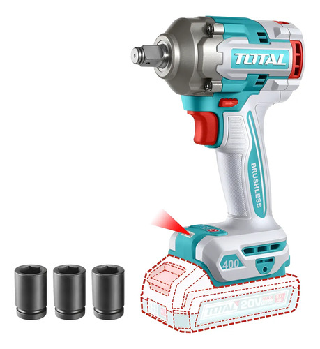 Llave, Pistola De Impacto Inalámbrica Total Industrial - Motor Brushless, Sin Carbones, Encastre 1/2'', Torque 400nm - Con 3 Dados - No Incluye Batería Ni Cargador - Tiwli20401 Turquesa