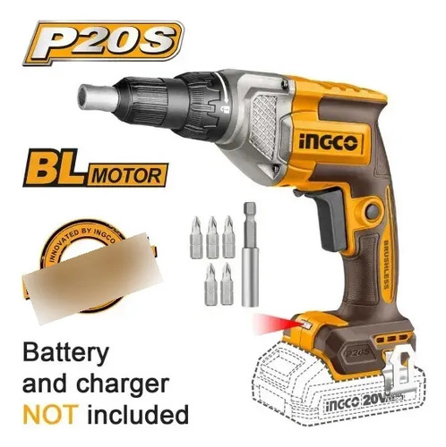 Atornillador Inalámbrico 20v Para Placa De Yeso Durlock Sin BaterĂa Y Cargador Ingco Naranja Claro - Imagen 2